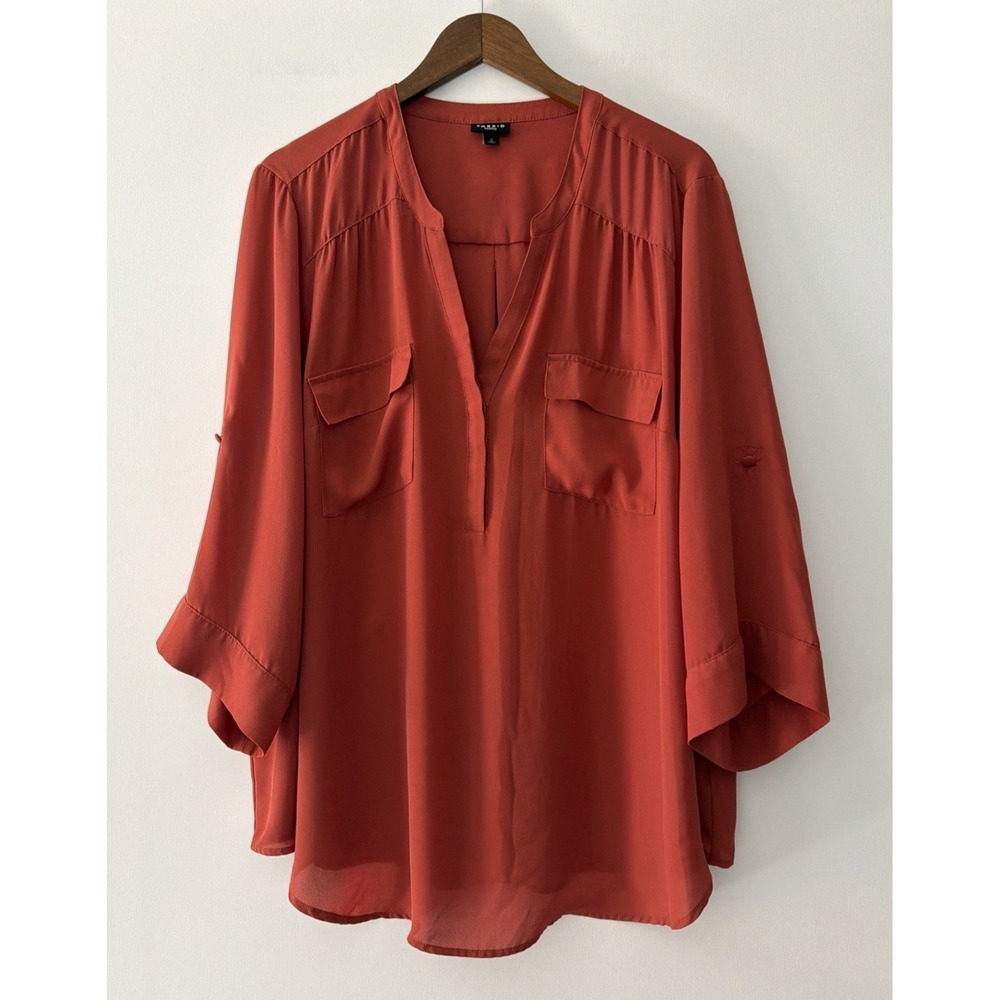 Torrid Harper Georgette 3/4 Sleeve Blouse Top Size 3 Rust Orange Roll-Tab Sleeve